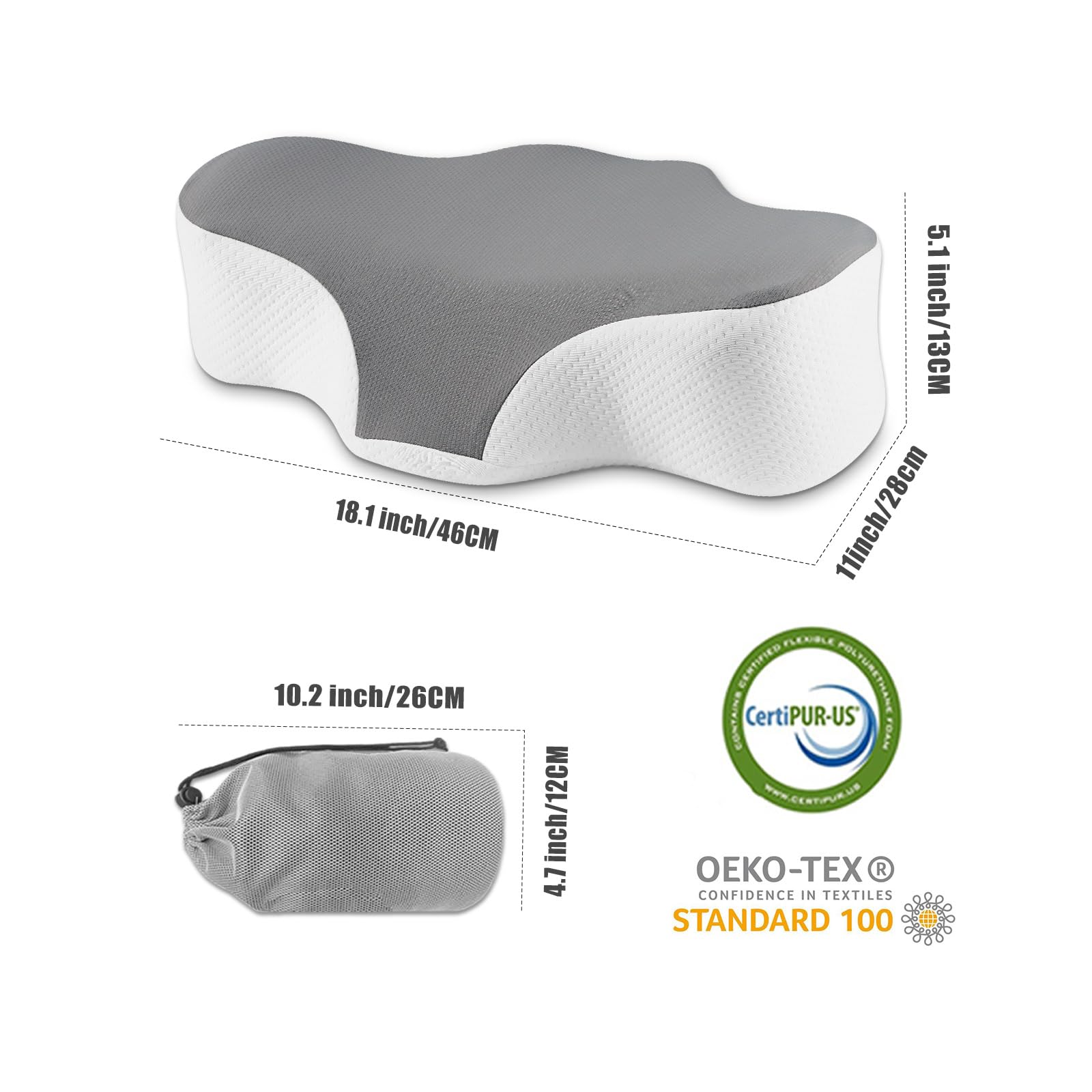 Bespilow certification labels showing OEKO-TEX and CertiPUR-US safety