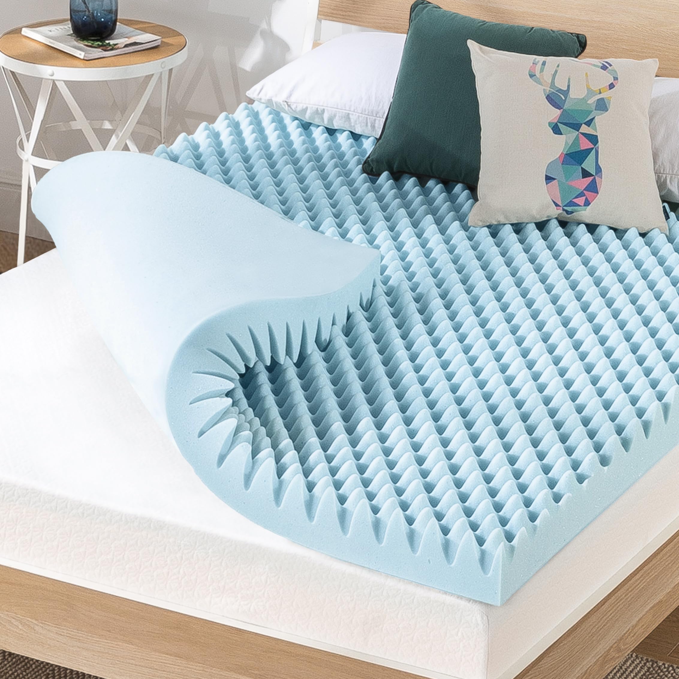 Best Price Mattress front view of light-blue 4-inch topper showing full profile and benefit of added comfort