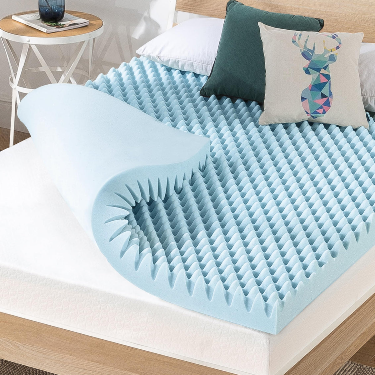 Best Price Mattress front view of light-blue 4-inch topper showing full profile and benefit of added comfort