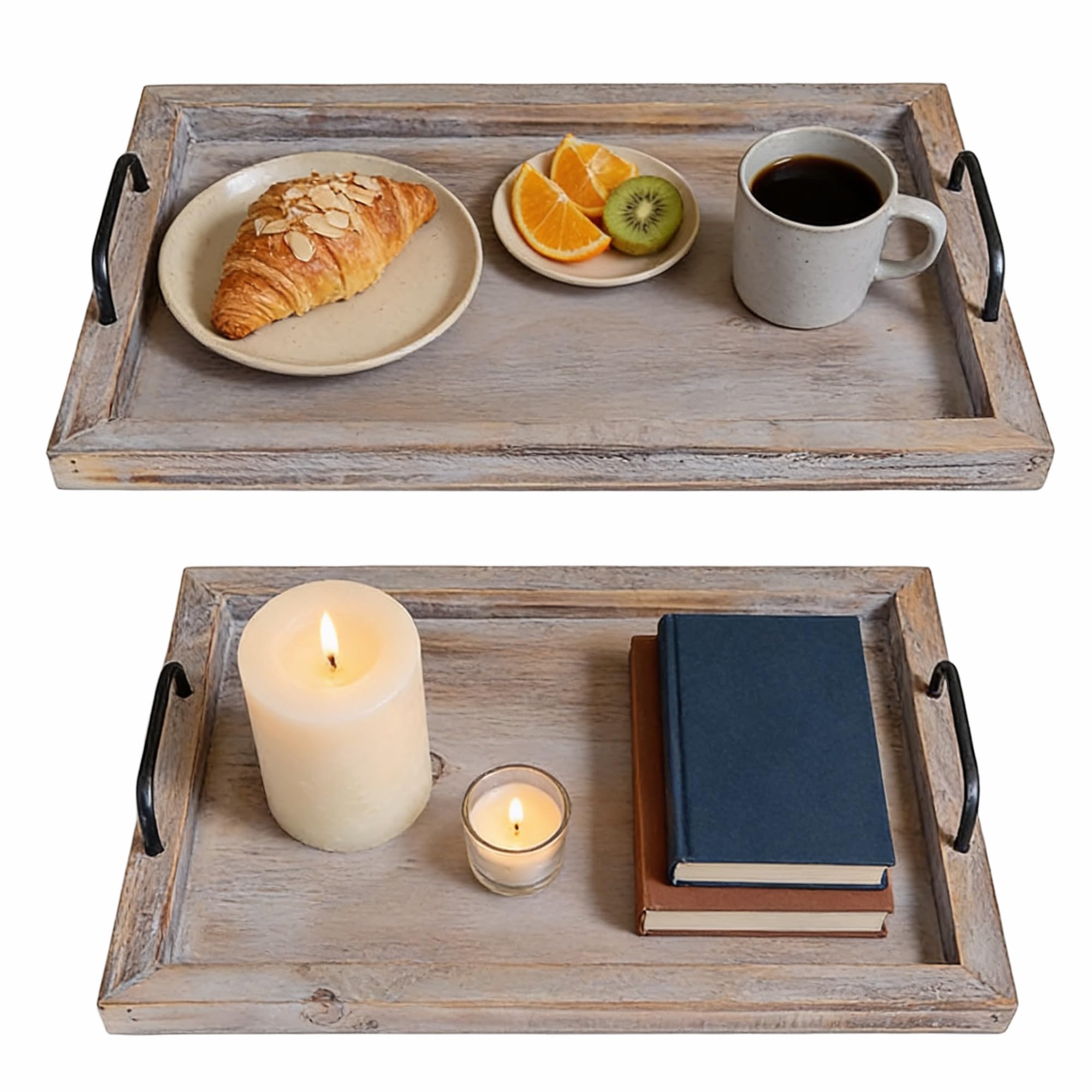 Besti front view of both rustic wooden trays showing farmhouse style and versatile use