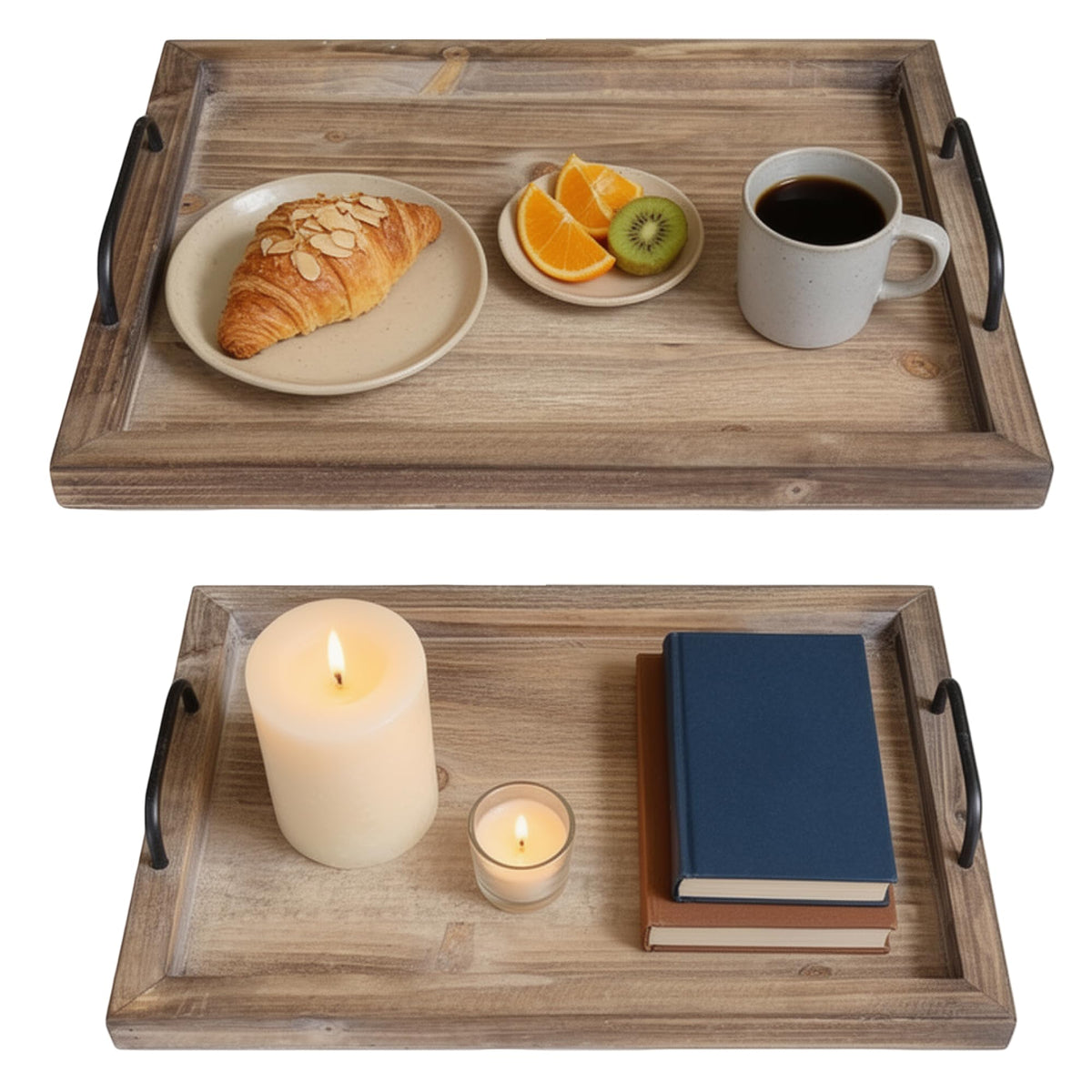 Besti front view of rustic burnt serving trays showing farmhouse charm and utility