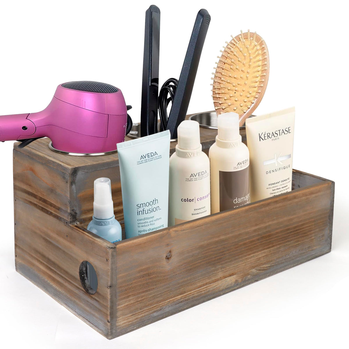 Besti front view of wooden hair dryer holder showing organized tools and tidy counter