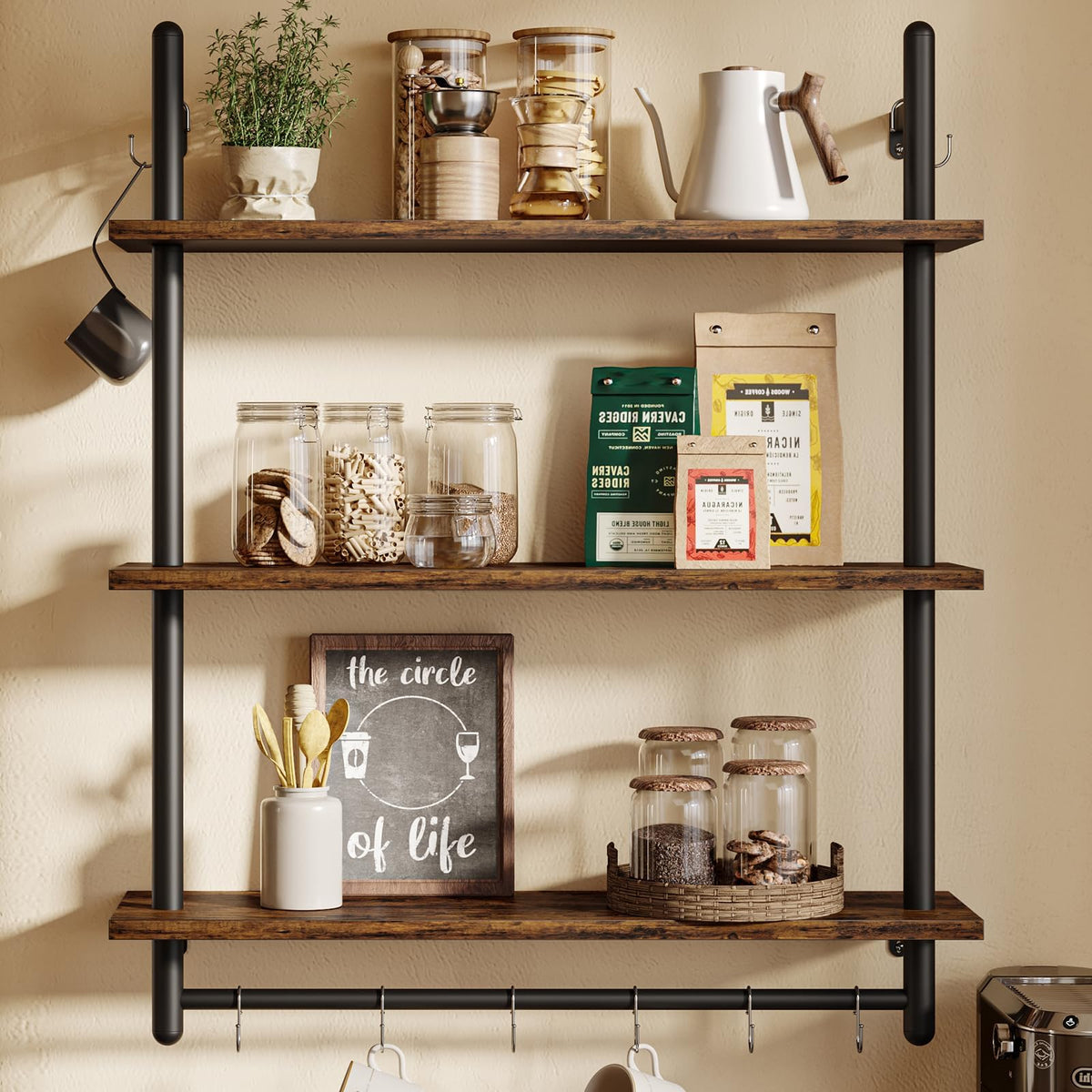 Bestier front view showcases 3-tier rustic shelves and space-saving benefit