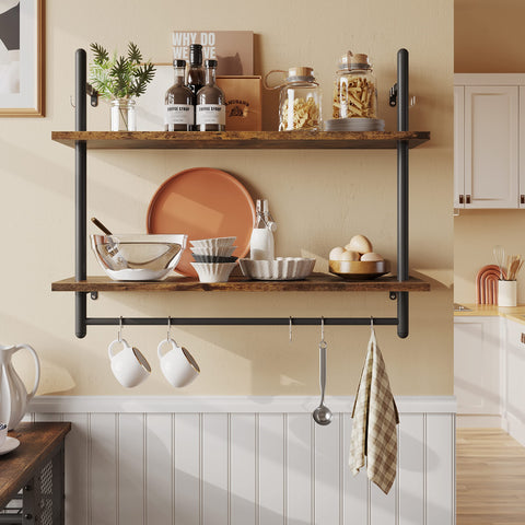 Bestier front view of rustic brown 2-tier shelf shows compact storage benefit