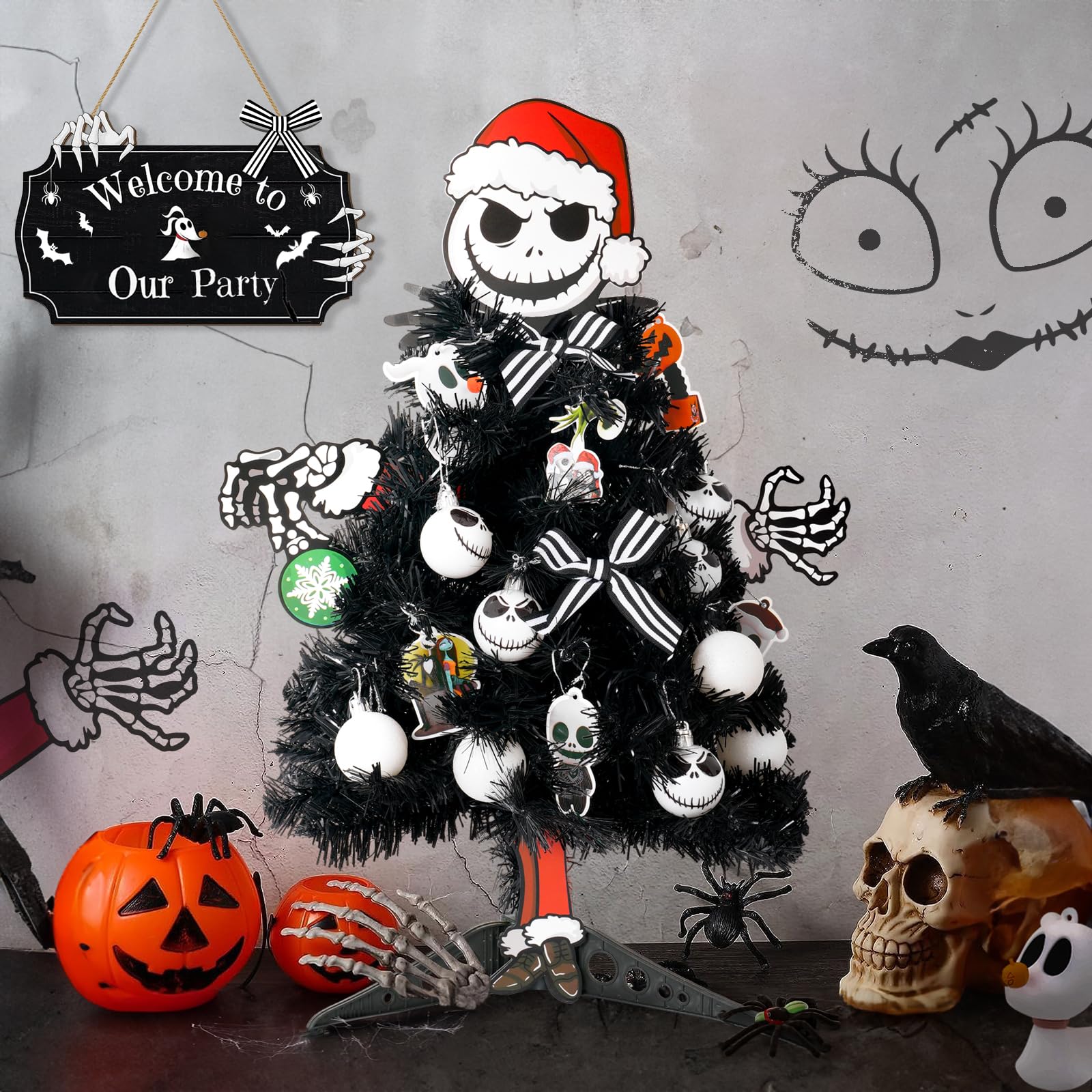 BestNavidad black 20-inch tree front view showing lights and ornaments for instant gothic centerpiece