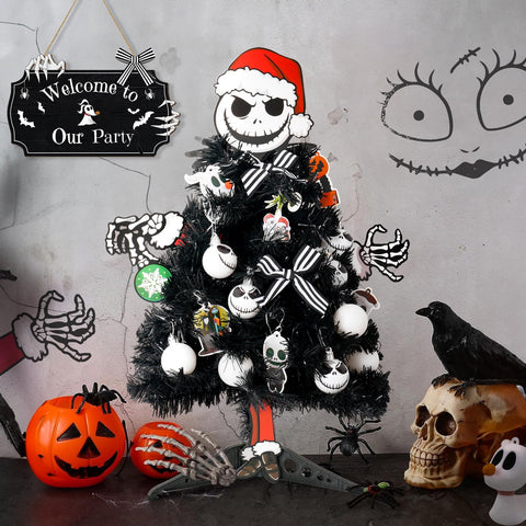 BestNavidad black 20-inch tree front view showing lights and ornaments for instant gothic centerpiece