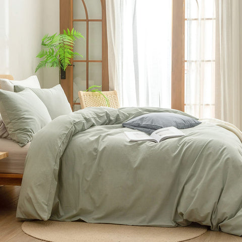 BESTOUCH staged bedroom with duvet set showing harmonious sage green decor