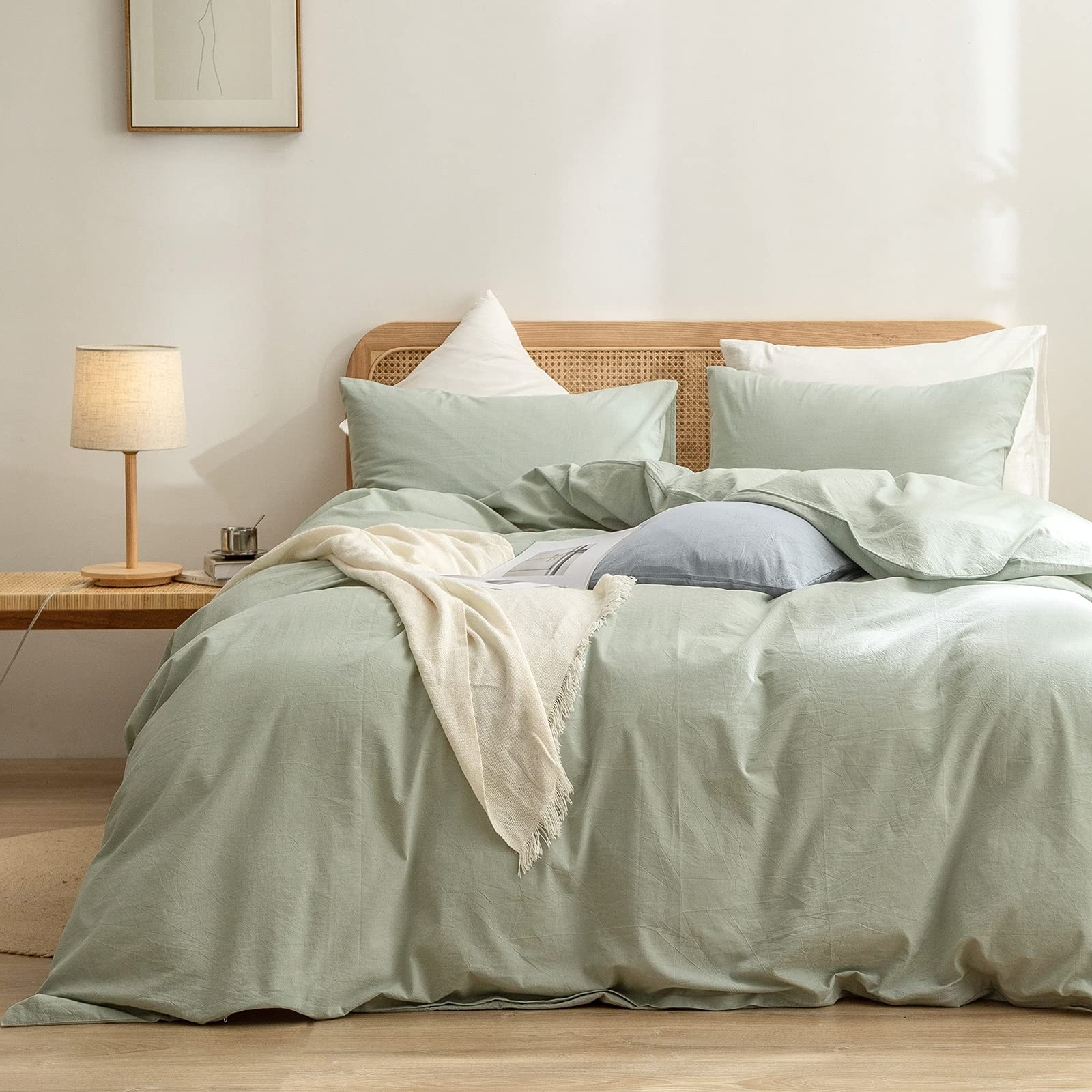 BESTOUCH front view of sage green duvet cover set showing clean styling and soft look