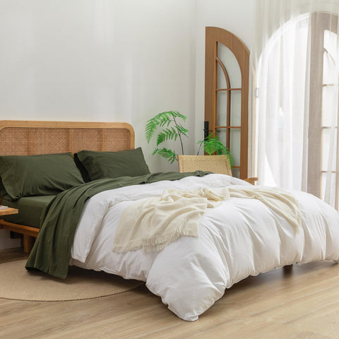 BESTOUCH olive green flat sheet spread on bed, demonstrates full coverage and drape