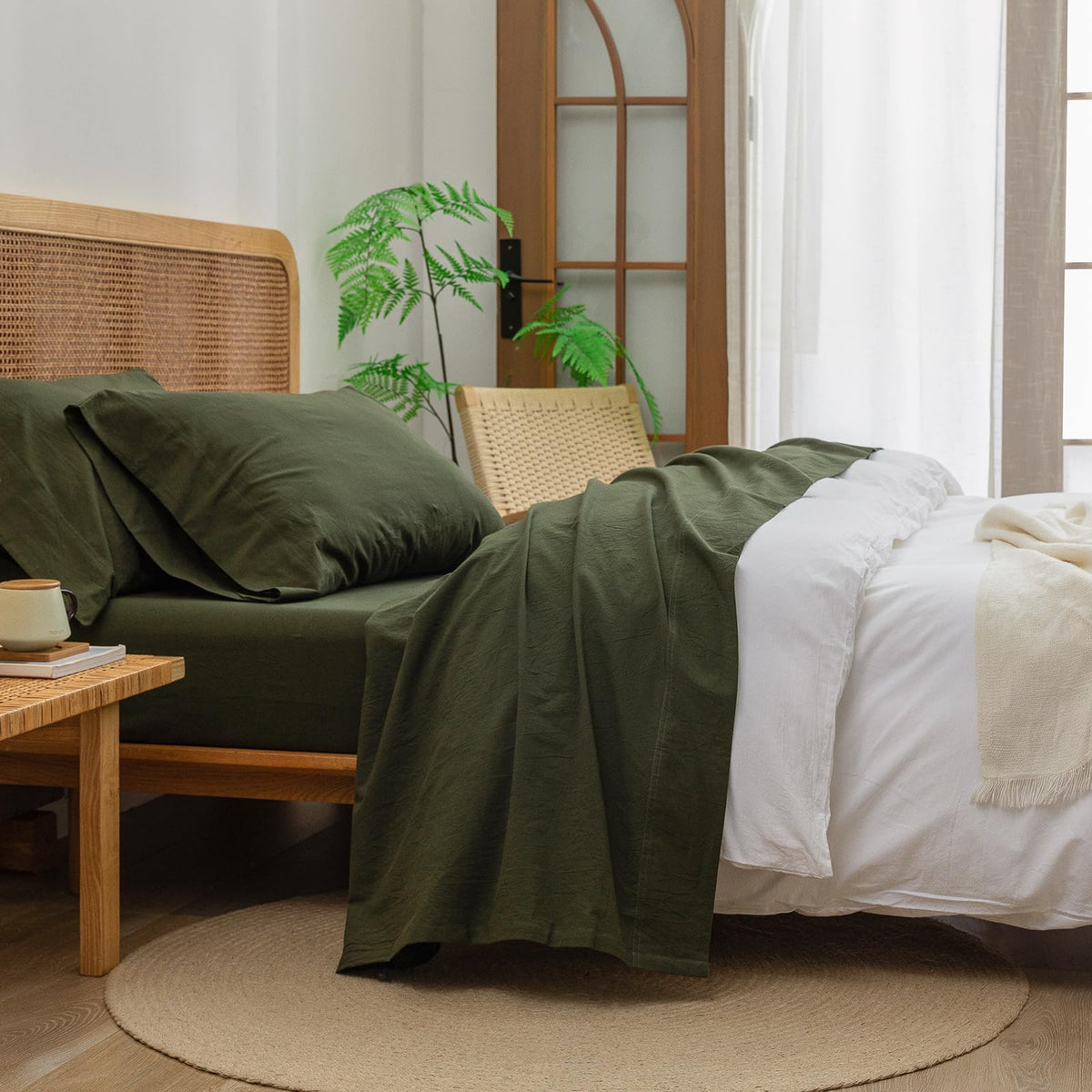 BESTOUCH front view of olive green queen sheet set, shows packaging and color accurately