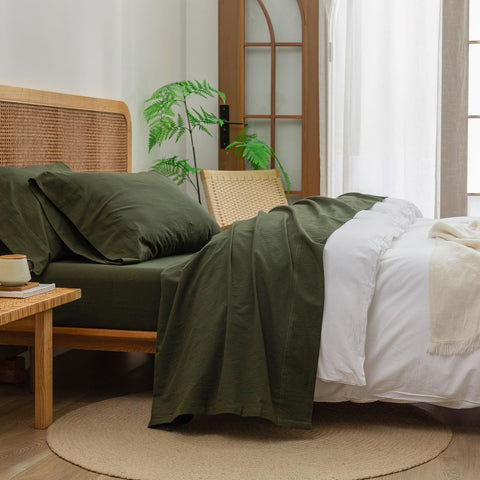 BESTOUCH front view of olive green queen sheet set, shows packaging and color accurately