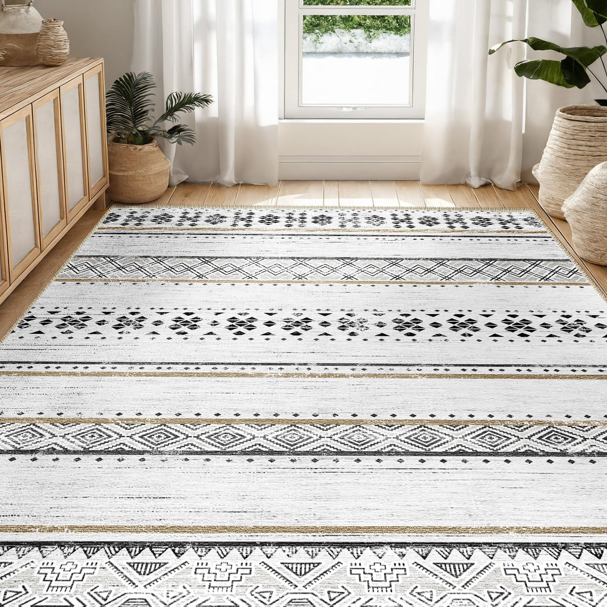 BESTSWEETIE front view of 5x7 rug showing modern boho pattern and easy styling benefit