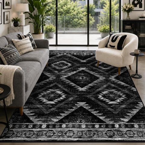 BESTSWEETIE front view of 5x7 black rug showing full tribal design and curb appeal