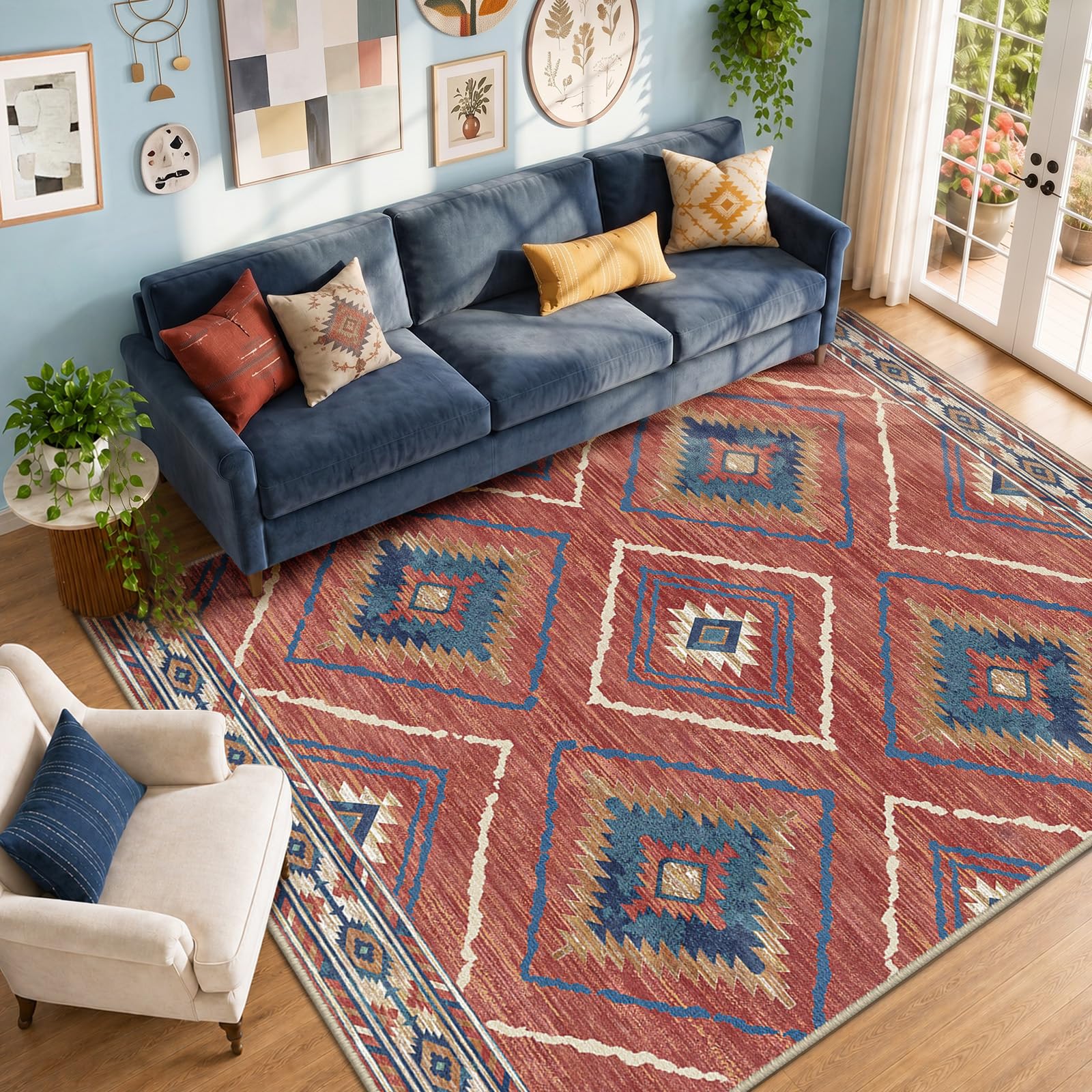 BESTSWEETIE front view of 8x10 tribal rug showing colors and layout, adds warmth