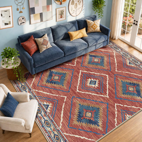 BESTSWEETIE front view of 8x10 tribal rug showing colors and layout, adds warmth