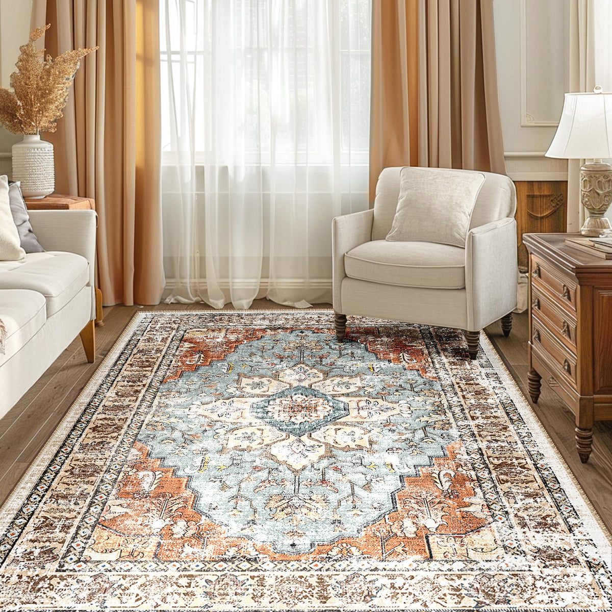 BESTSWEETIE front view green brick rug showing boho pattern and slim profile benefit