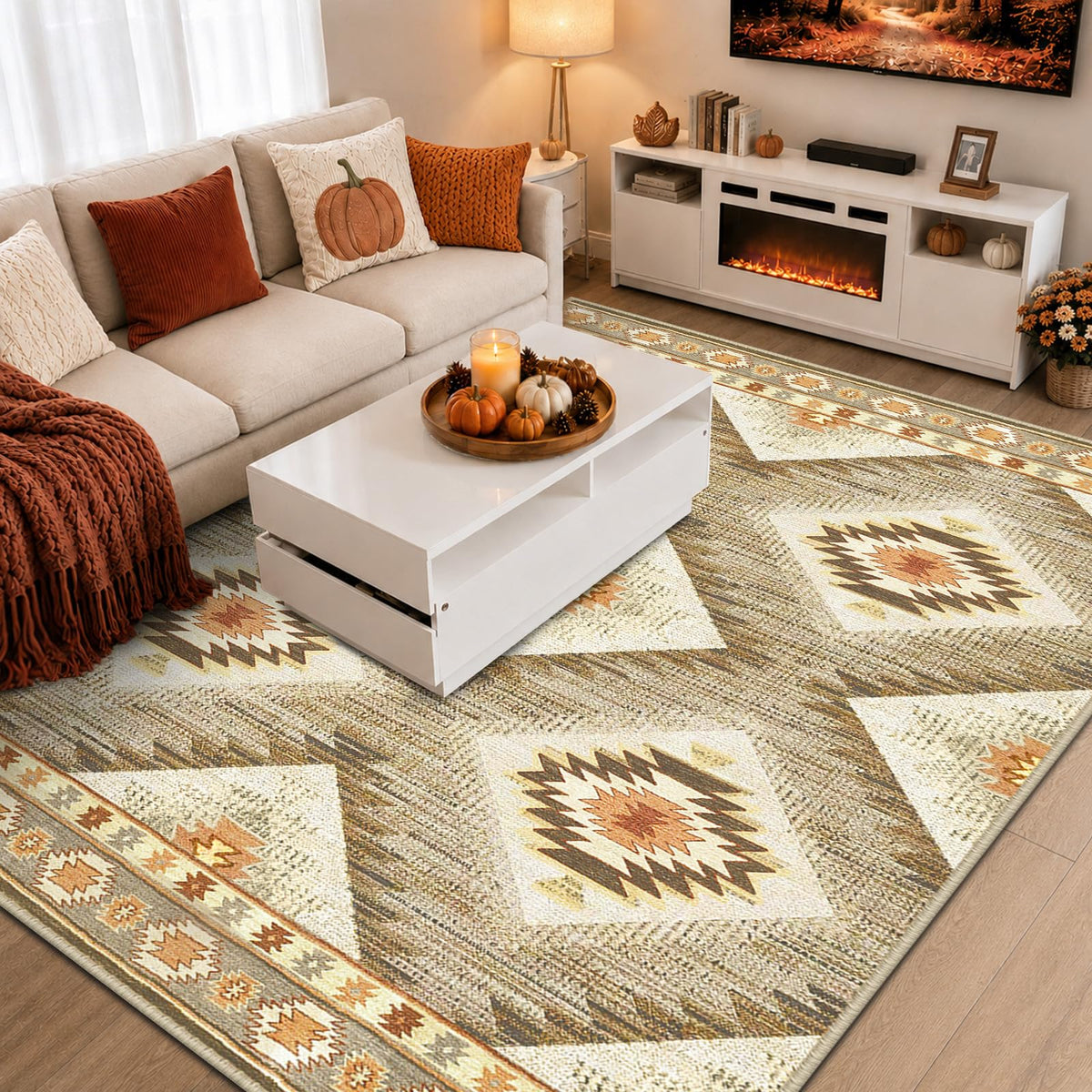 BESTSWEETIE front view of 5x7 rug showing overall cream camel design and warmth