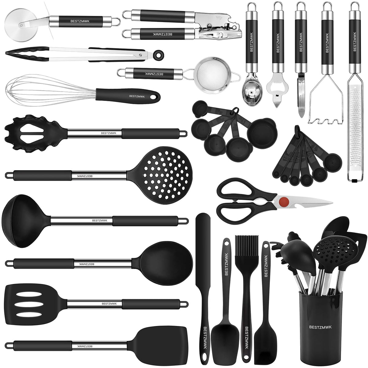 BESTZMWK full 32-piece set front view showing organized holder and utensils benefits organization