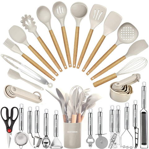 BESTZMWK full 35-piece set front view showing included utensils and holder, organized for convenience