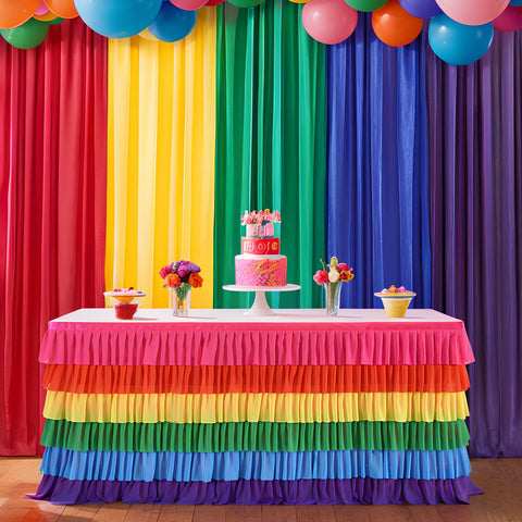 Besutolife front view of rainbow tutu table skirt adds festive centerpiece
