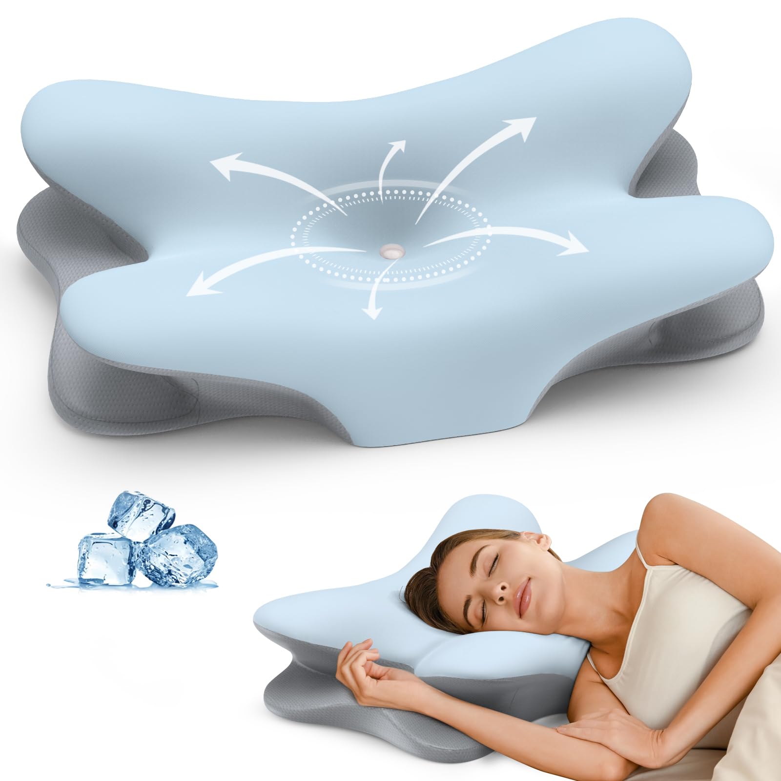 Besyodo front view blue pillow showing contour and support benefits