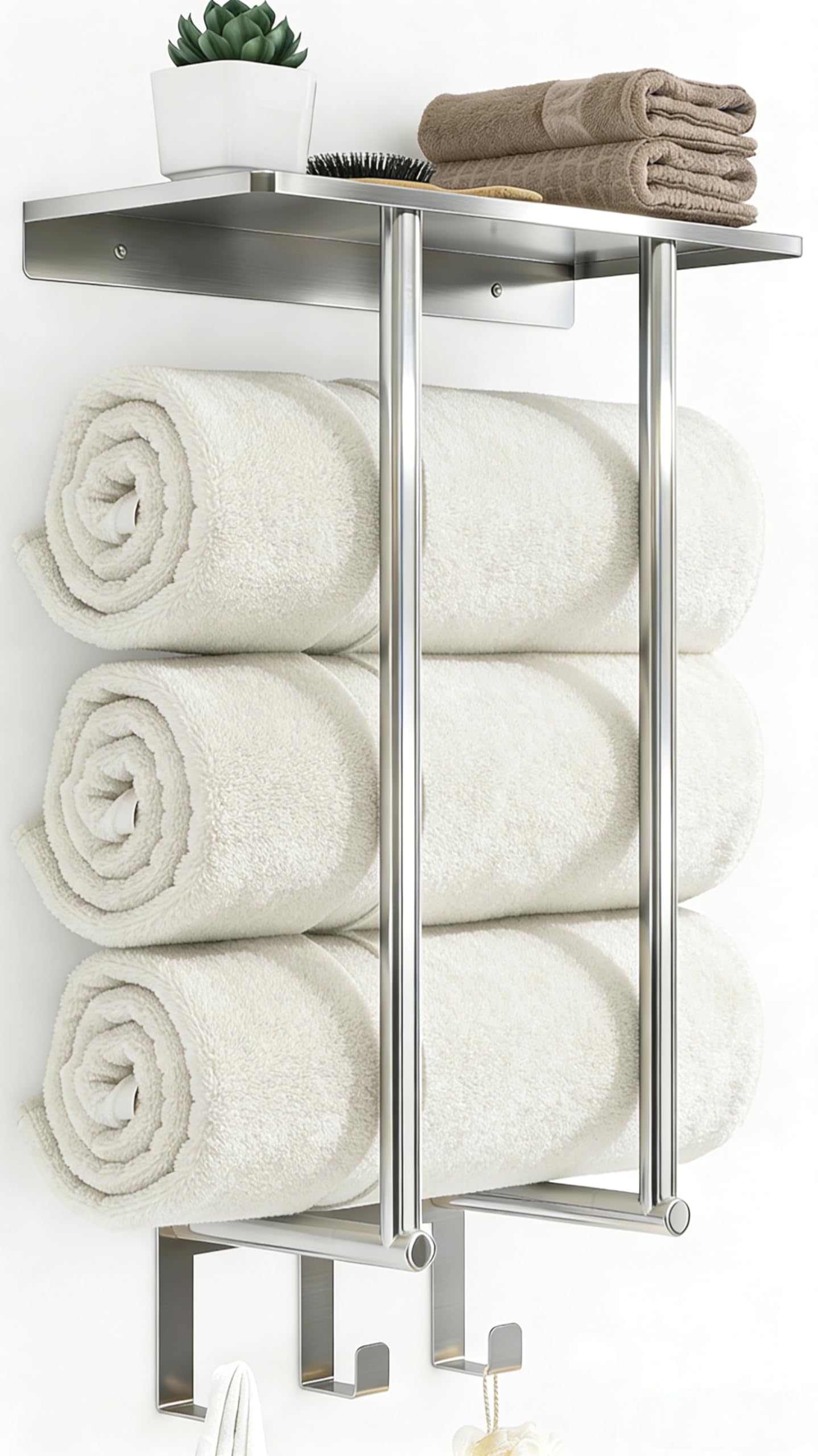Bethom front view of rack showing shelf and three hooks, durable storage benefit