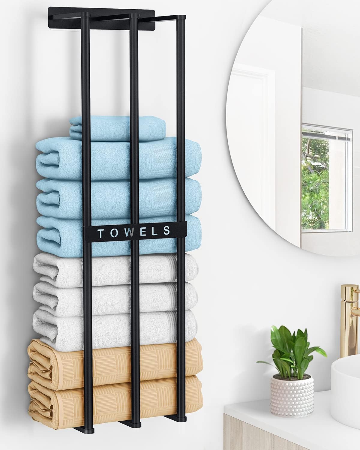 Bethom front view of wall-mounted towel rack showing neat spa display and space savings
