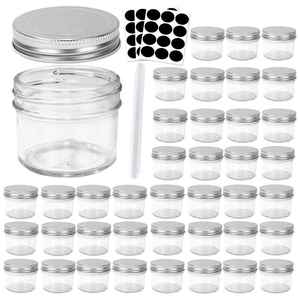 Betrome front view of 40-pack 4 oz jars showing clear glass and silver lids for organized storage