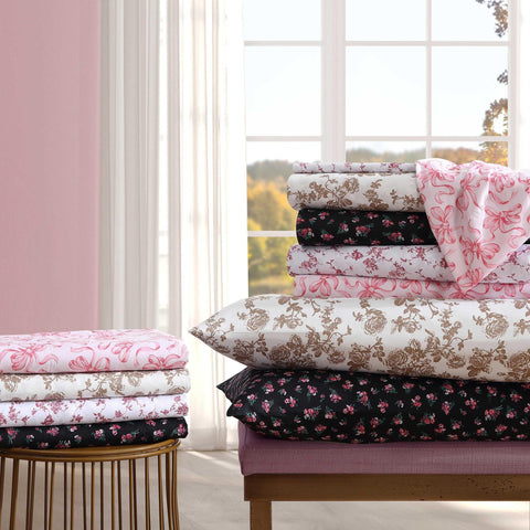 Betsey Johnson flat sheet spread across a bed showing full coverage and smooth drape