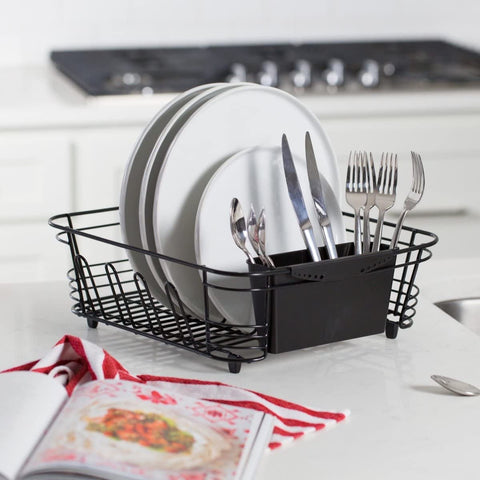 Better Houseware rack in use with plates and mugs drying faster over the sink