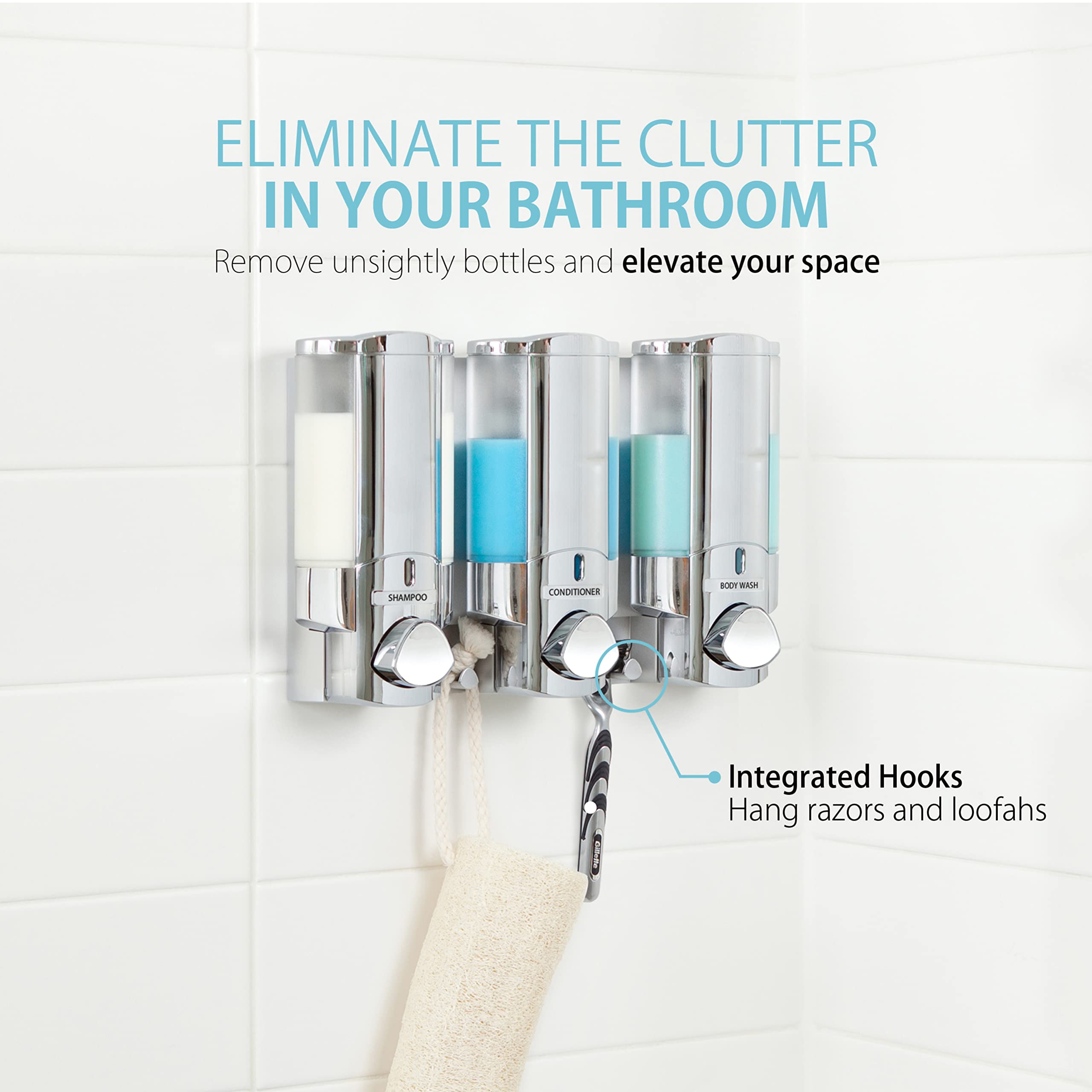 Better Living Aviva mounted in shower demonstrating space-saving, clutter-free bathroom setup