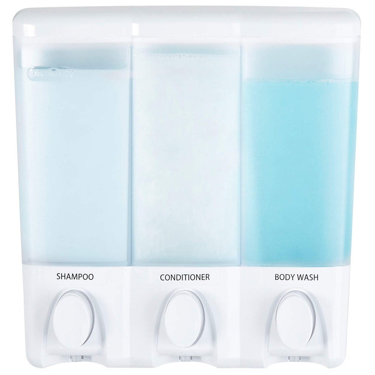 Better Living front view of three-chamber dispenser showing translucent tanks and white frame, tidy storage