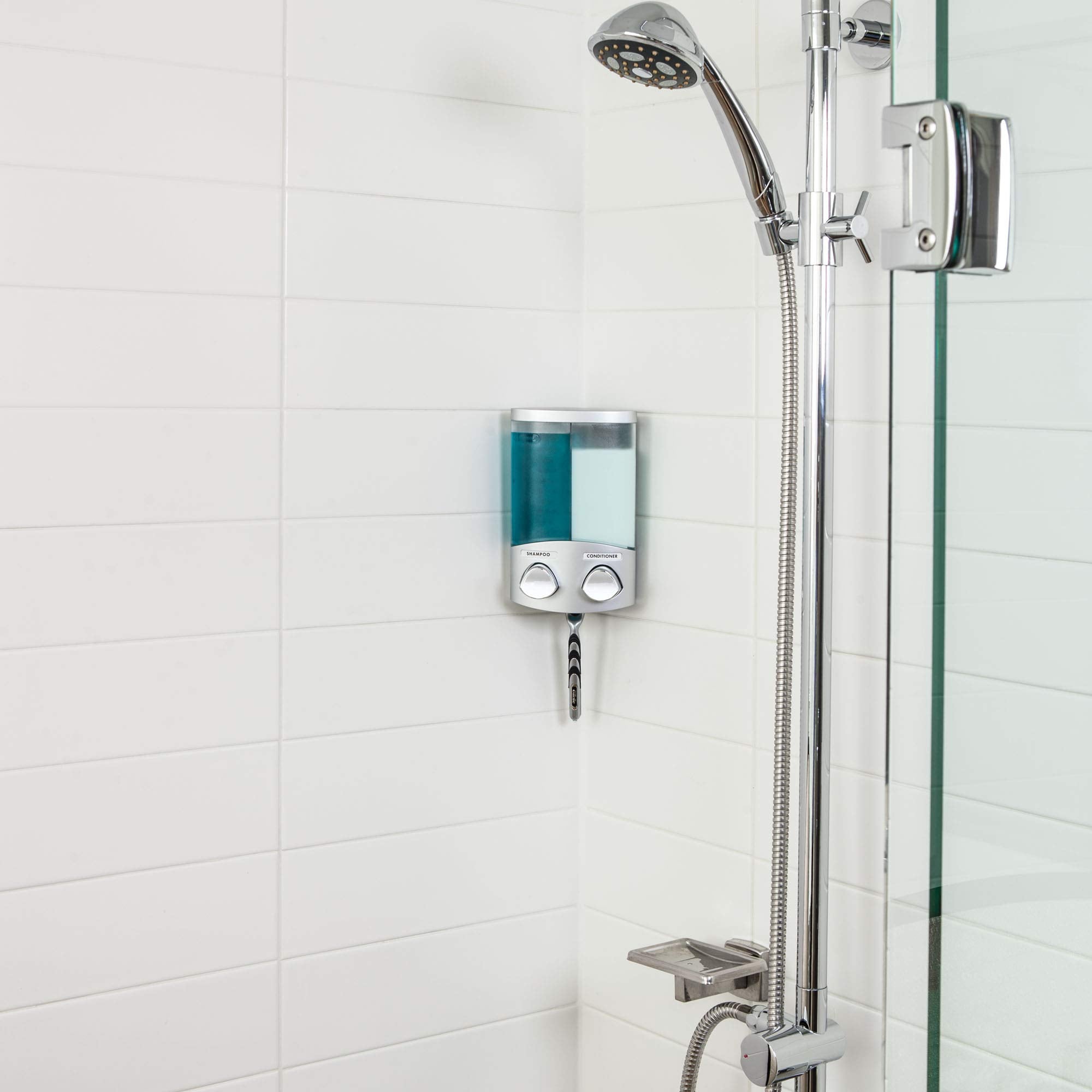 Better Living DUO hidden hooks detail stores razor and pouf for tidy shower