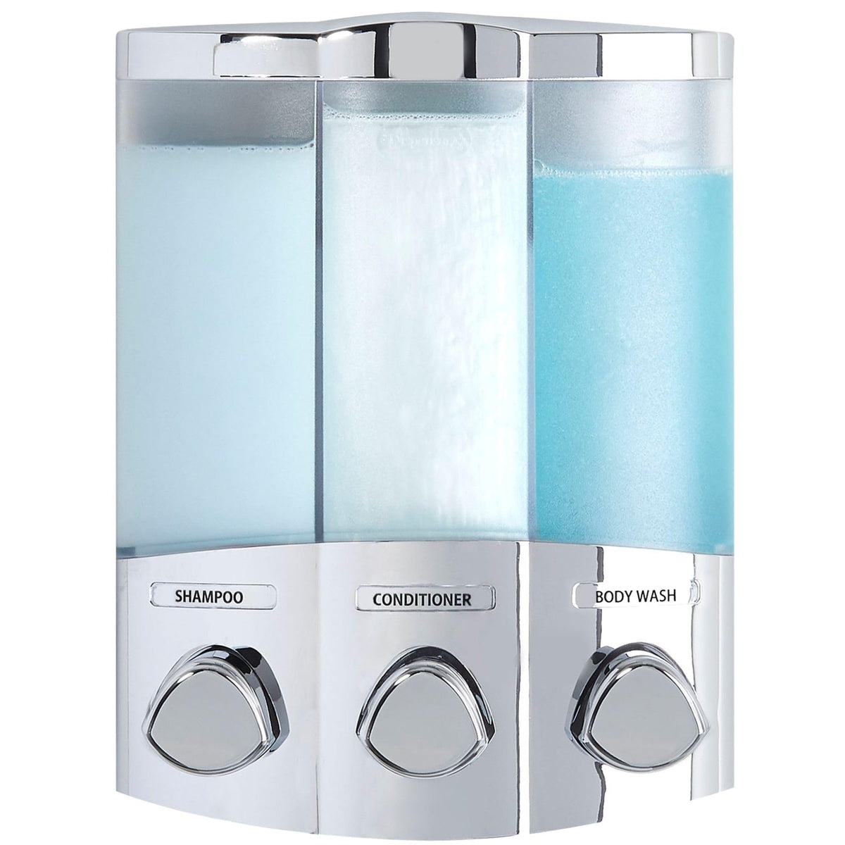 Better Living TRIO front view showing chrome finish and three chambers, tidy shower benefit