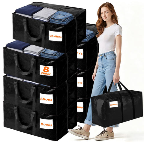 BETU front-facing 8-pack showing sturdy black bags and space-saving benefit