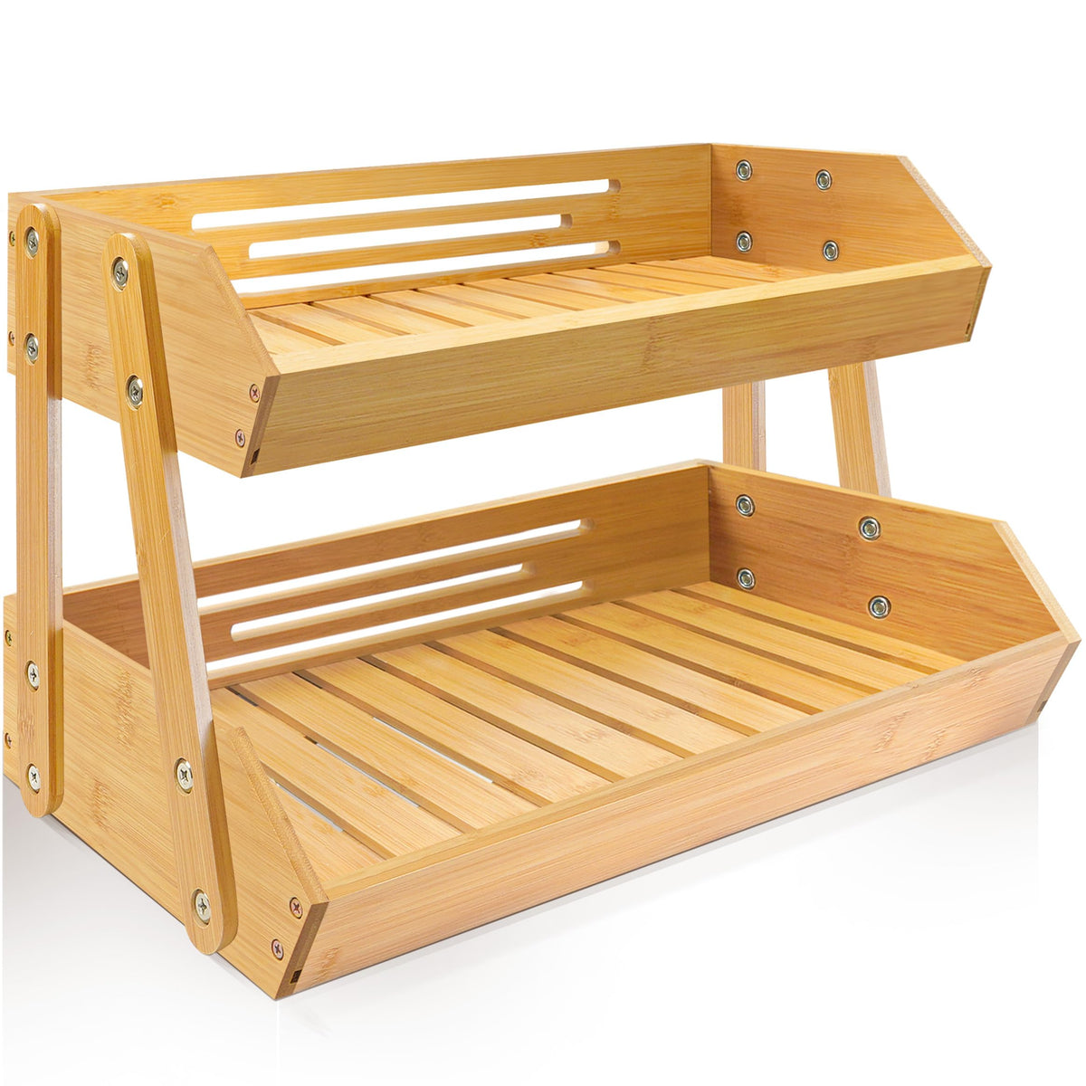 Bewbow front view of straight-back fruit stand showing capacity and neat display