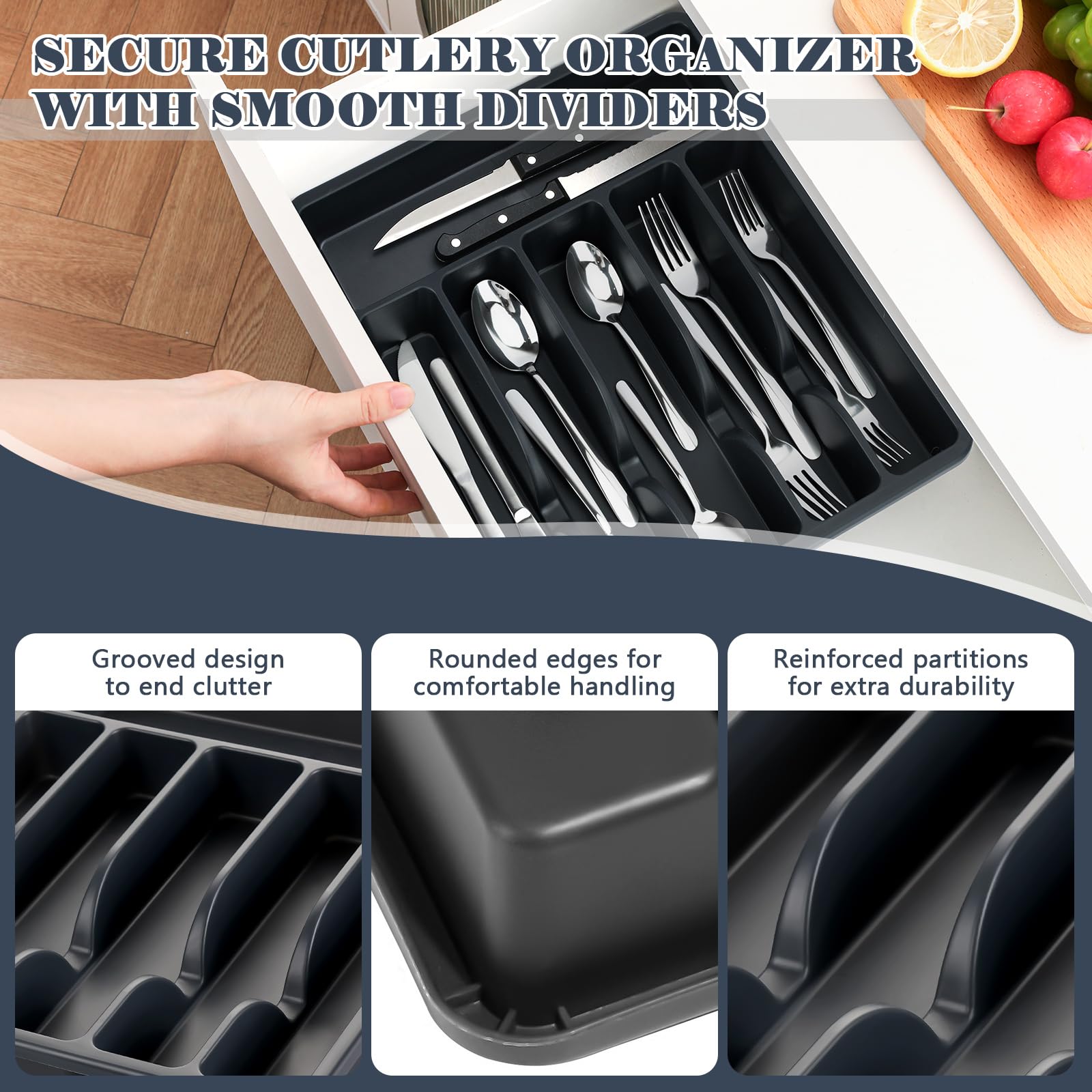 BEWOS flatware arranged inside kitchen drawer for space-saving organization
