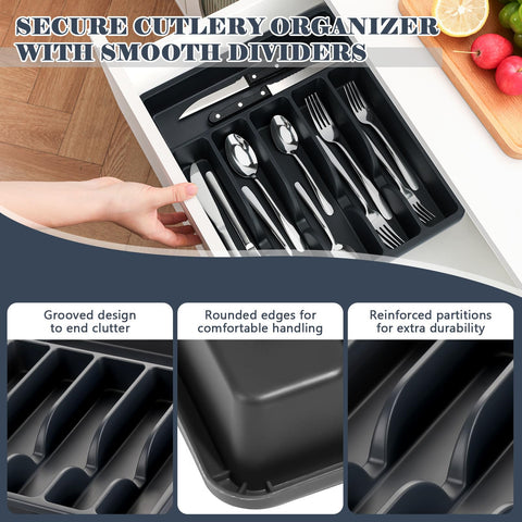BEWOS flatware arranged inside kitchen drawer for space-saving organization