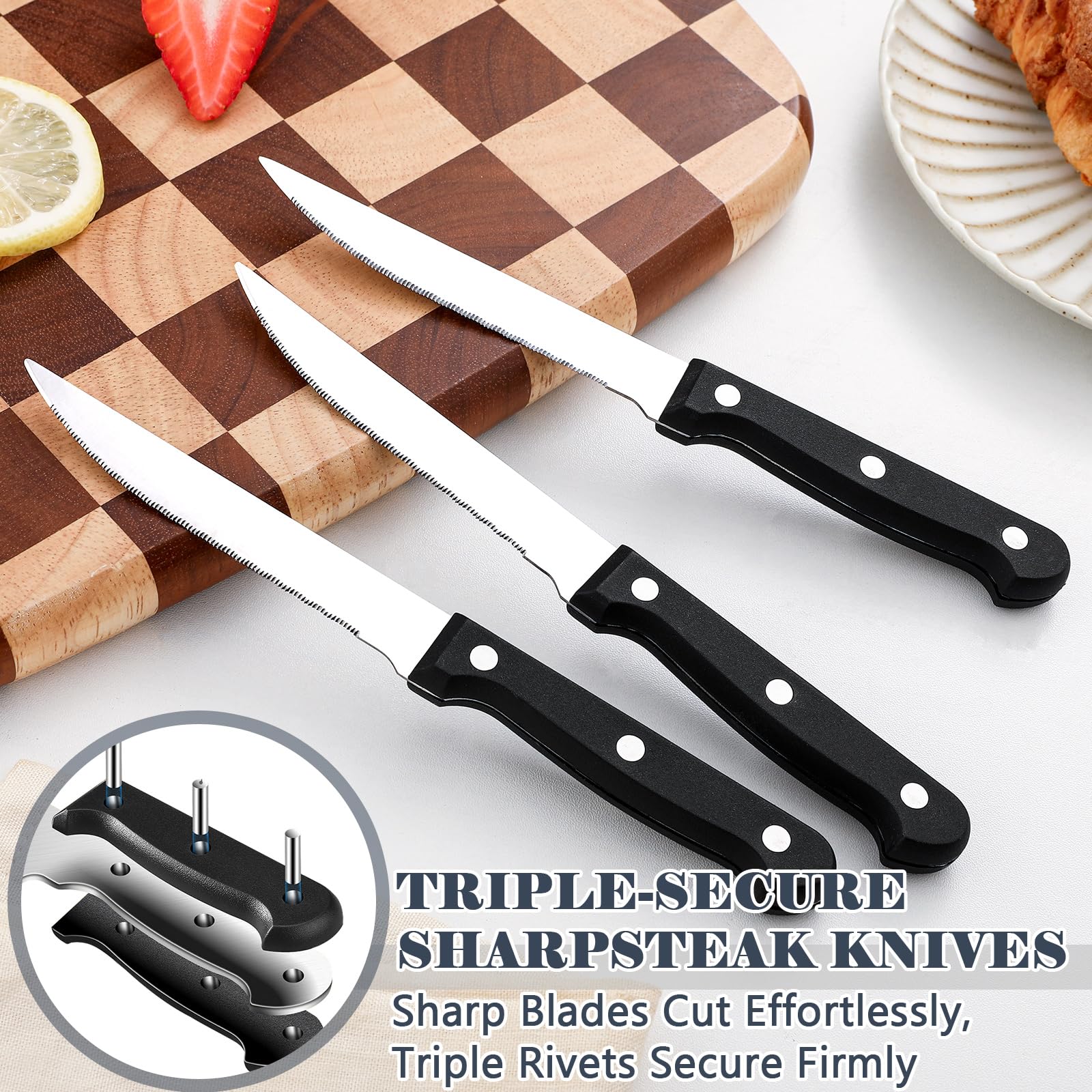 BEWOS serrated steak knife detail showing sharp blade for effortless slicing