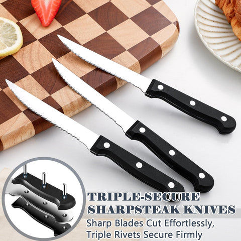 BEWOS serrated steak knife detail showing sharp blade for effortless slicing