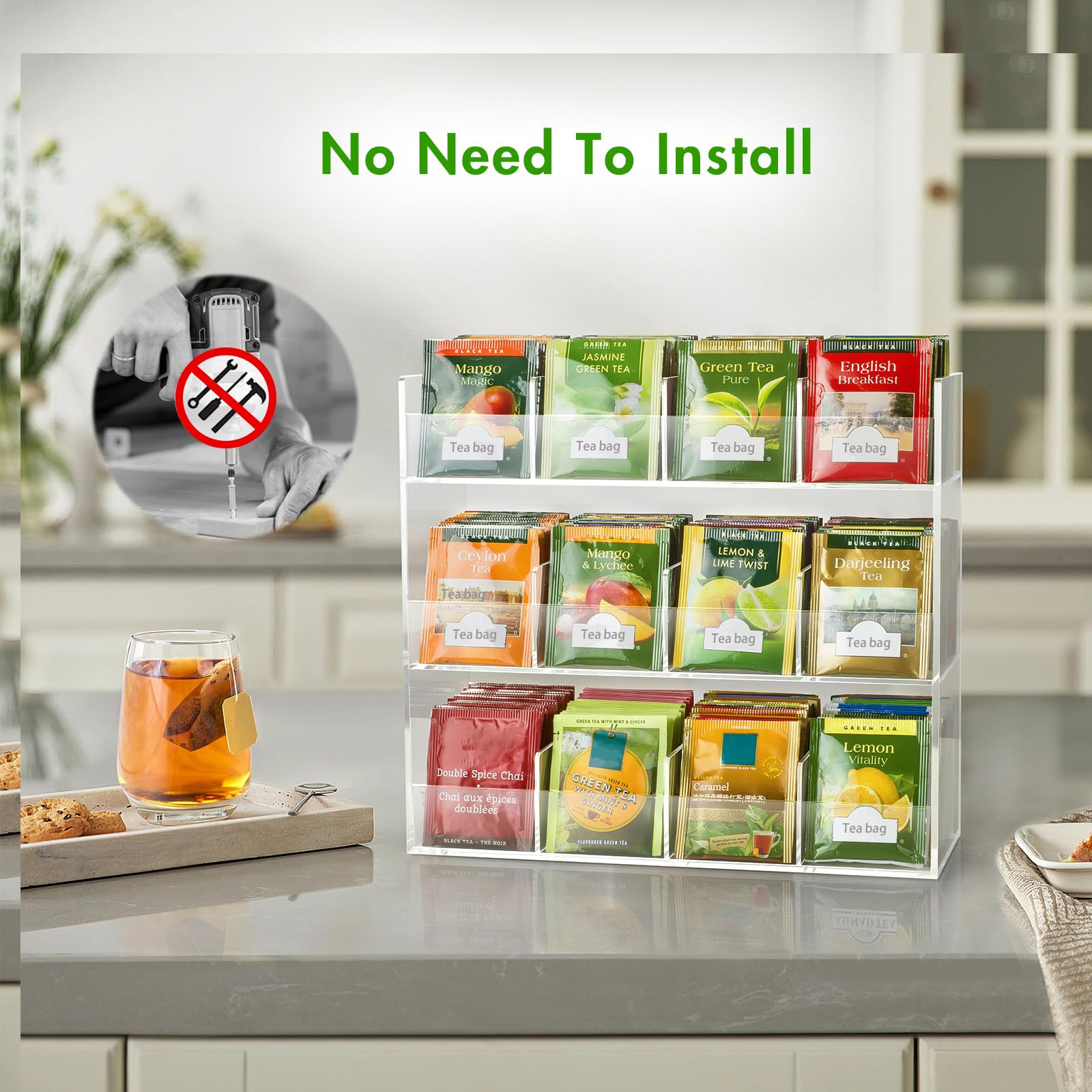 BEYGORM on countertop with tea bags in hand showing quick access and convenience