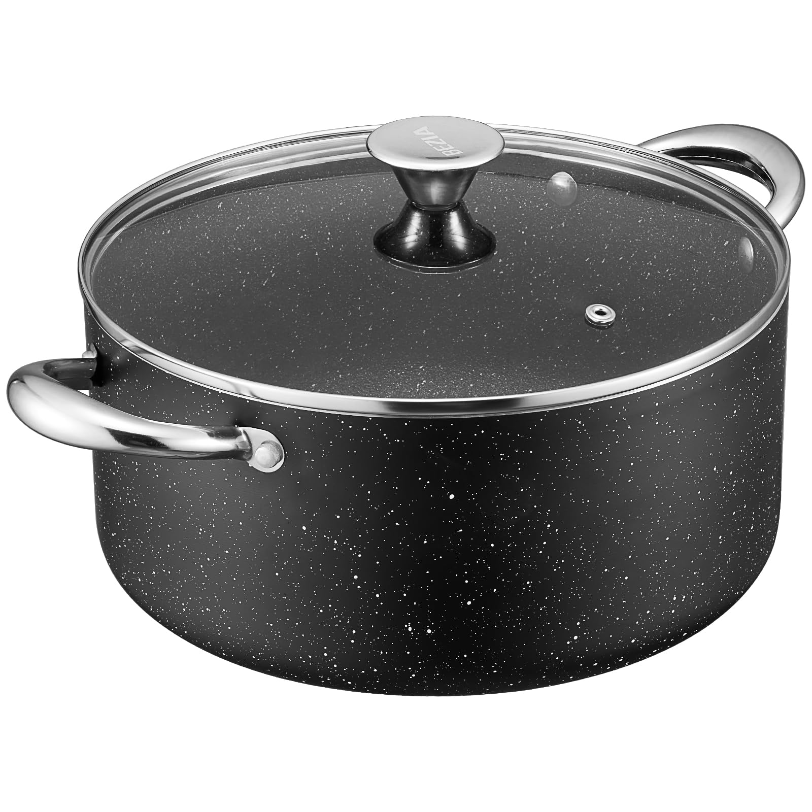 BEZIA front view of 8-quart pot with lid showing capacity and sleek finish