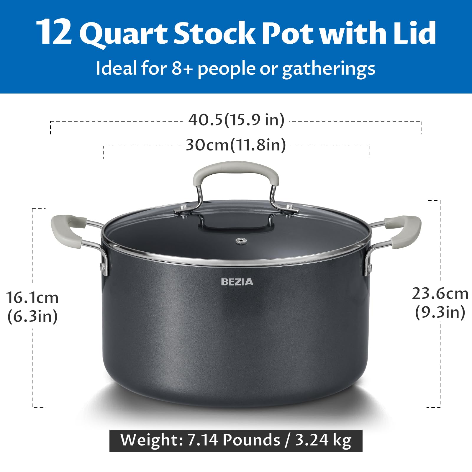 BEZIA pot next to pasta and ingredients illustrating true 12QT capacity benefit