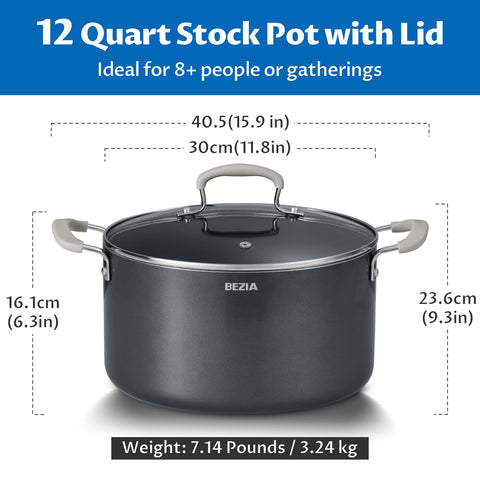 BEZIA pot next to pasta and ingredients illustrating true 12QT capacity benefit