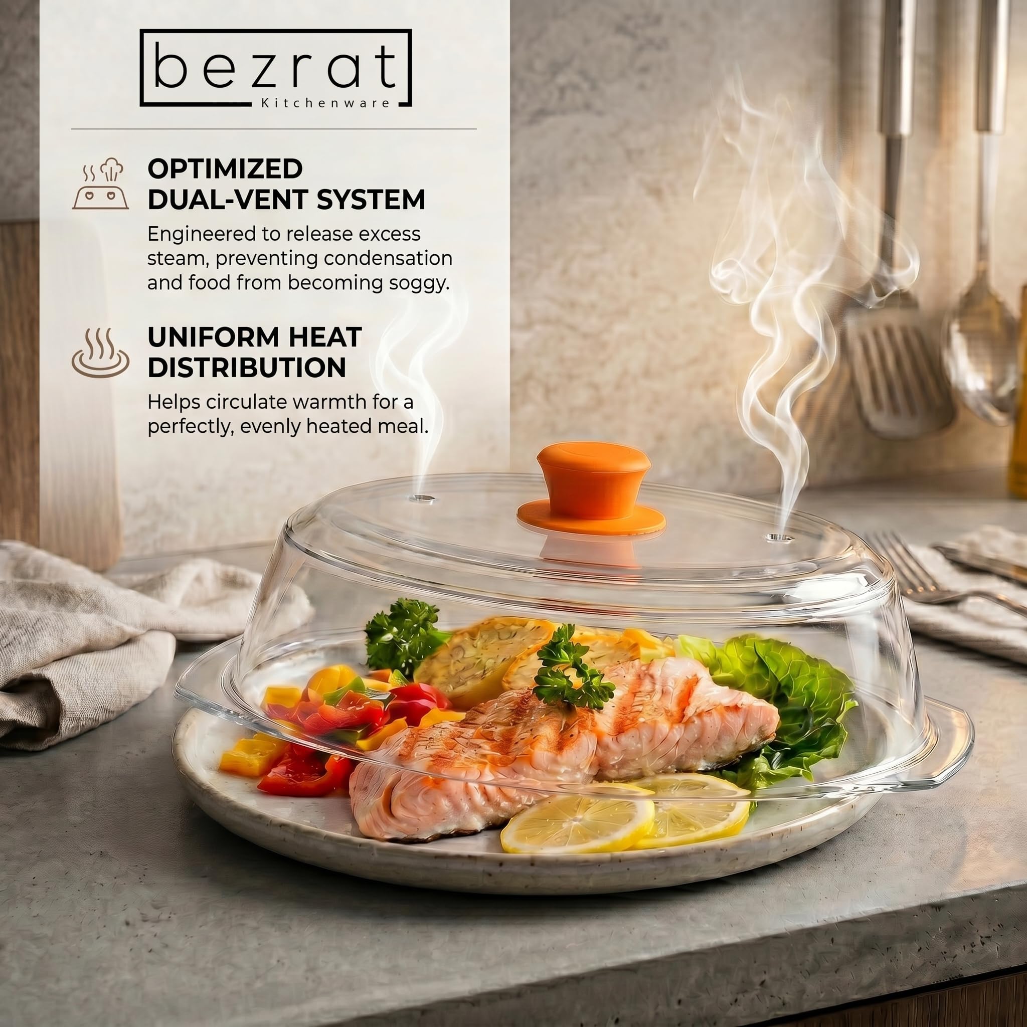 Bezrat transparent tempered glass detail resisting stains and retaining food visibility
