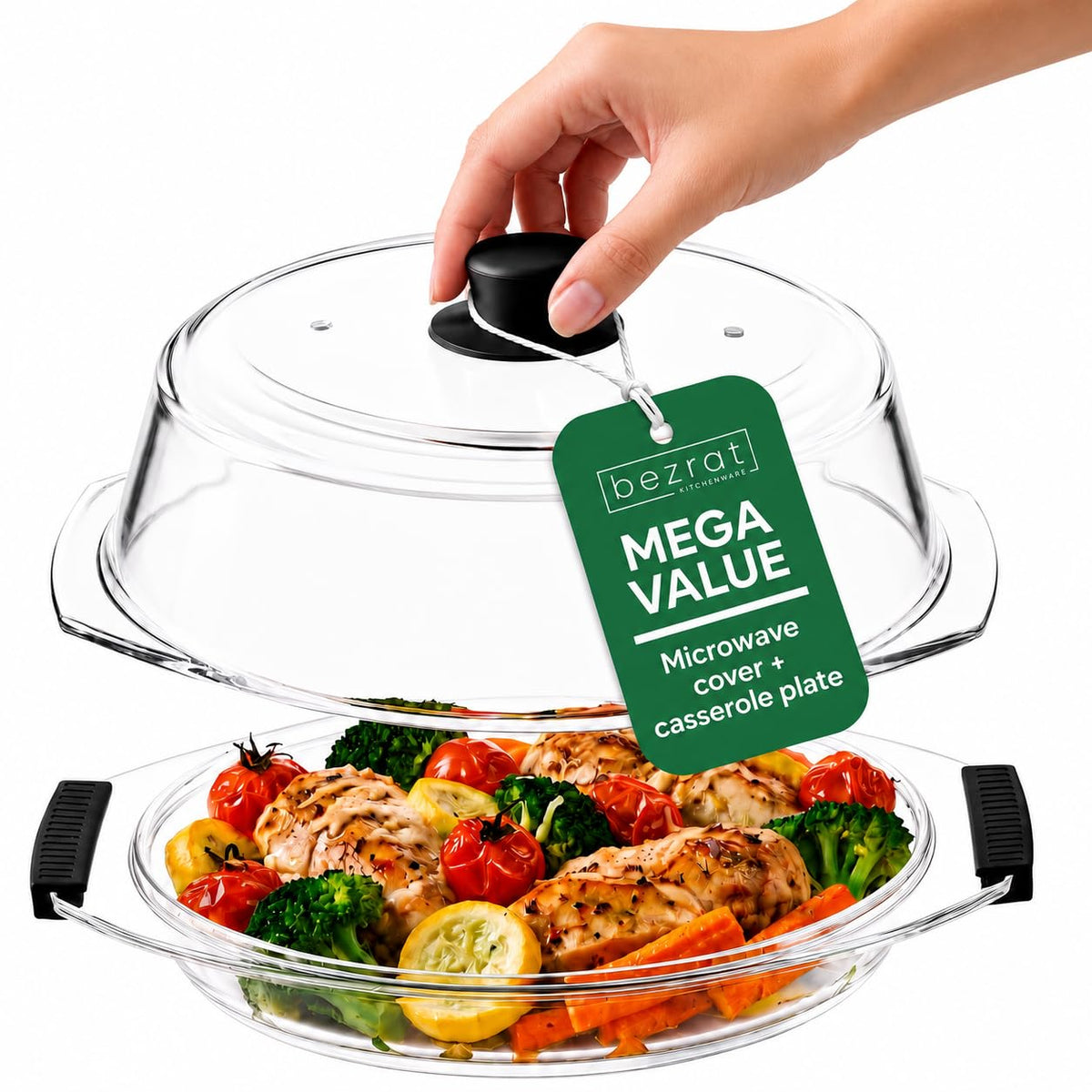 Bezrat front view of plate and cover showing practical serving benefit
