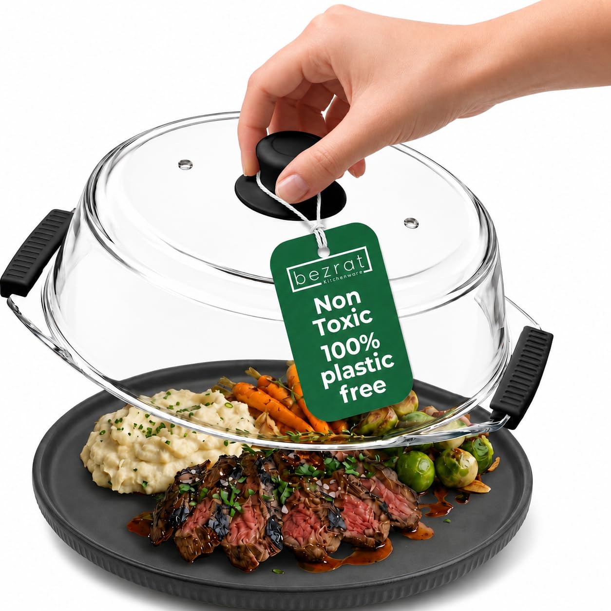 Bezrat glass microwave cover front view showing sleek black silicone handles for safe lifting