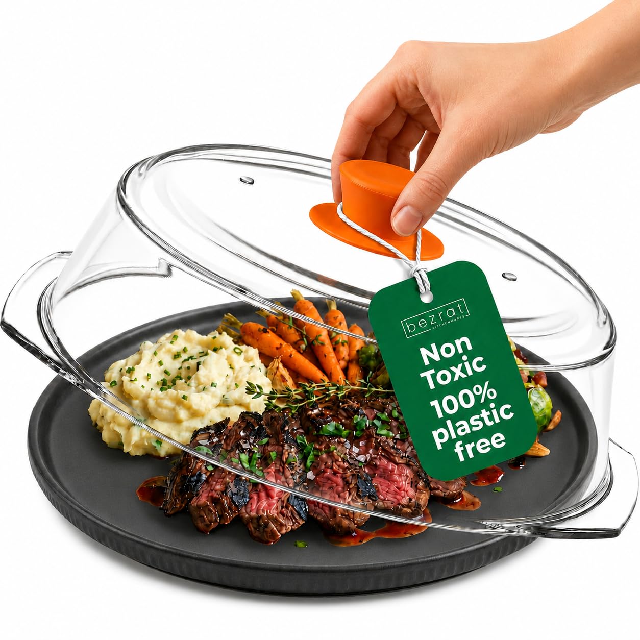 Bezrat front view of glass cover showing full plate protection and easy cleanup