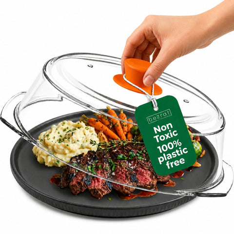 Bezrat front view of glass cover showing full plate protection and easy cleanup