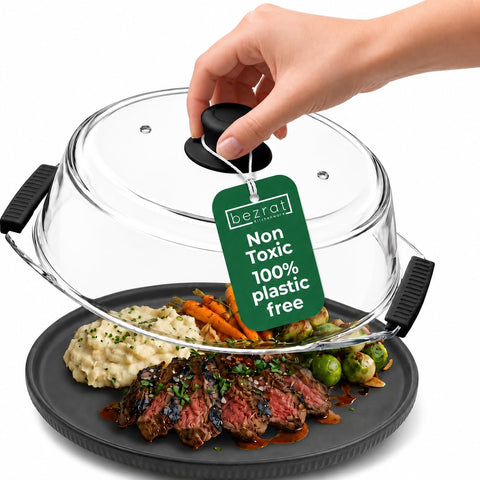 Bezrat glass microwave cover front view showing sleek black silicone handles for safe lifting